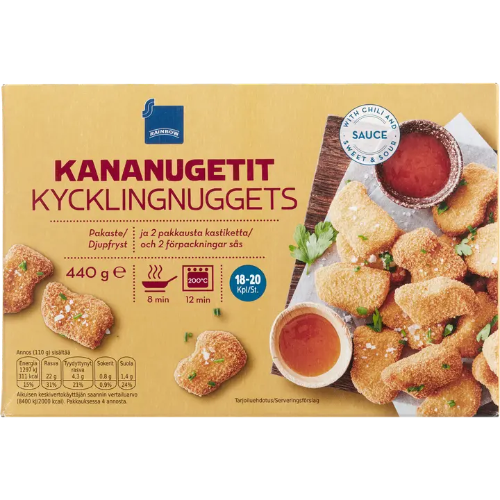 Rainbow 440g kananugetit 18-20kpl dippikastikkeilla, pakaste