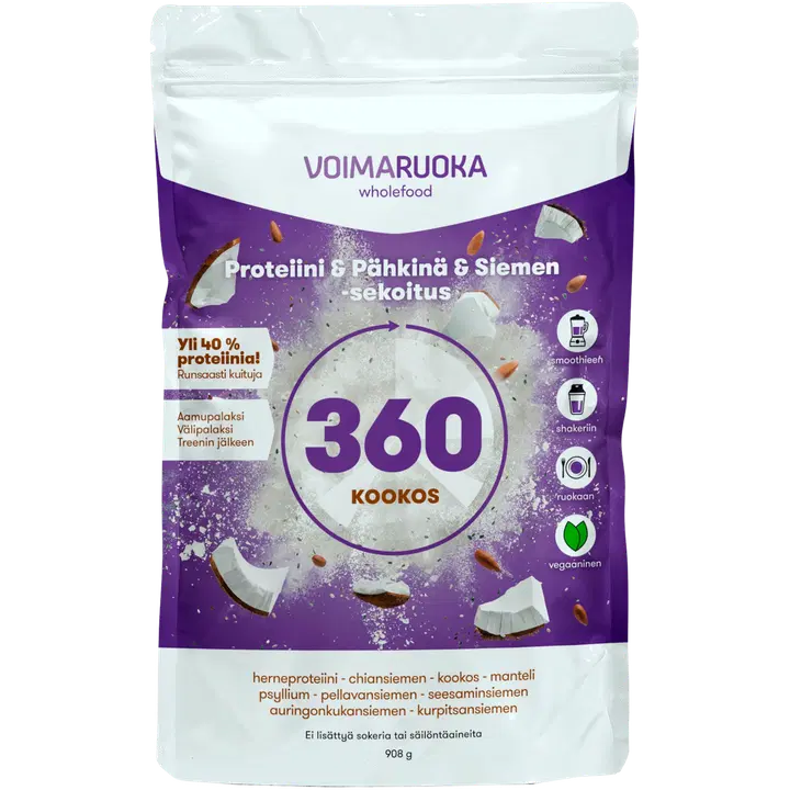 Voimaruoka 360 Wholefood kookoksen makuinen proteiini-pähkinä-siemensekoitus 908g