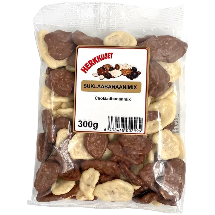 Herkkuset Suklaabanaanimix 300 g suklaakuorrutettuja banaanilastuja