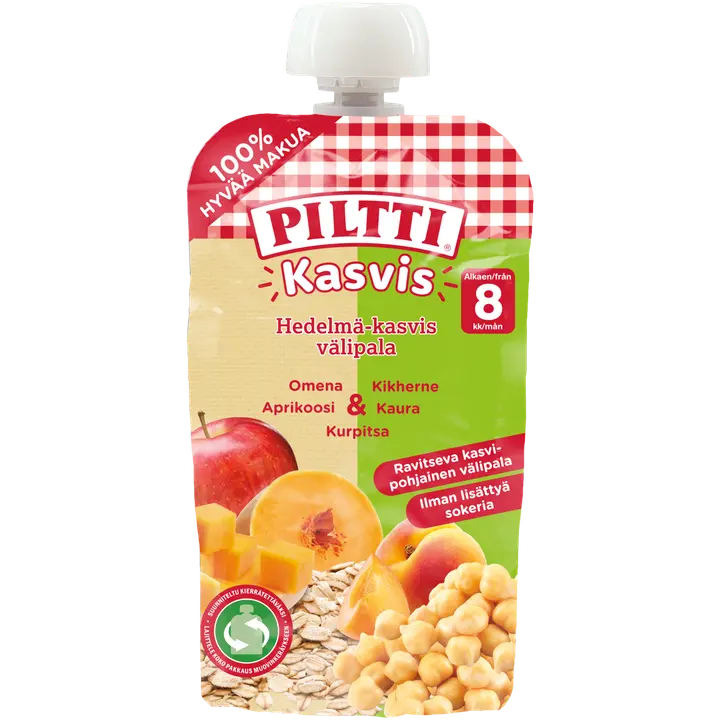 Piltti Kasvis 110g Hedelmä-kasvis välipala omena-aprikoosi-kurpitsa-kikherne-kaura Luomu