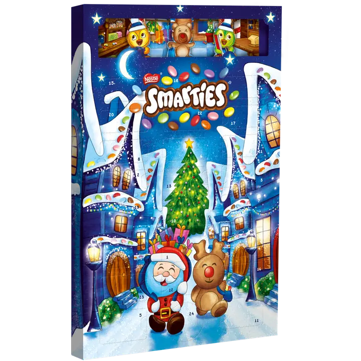 Nestlé Smarties 193,9g Joulukalenteri, maitosuklaa, täytteenä sokerikuorrutettuja maitosuklaarakeita