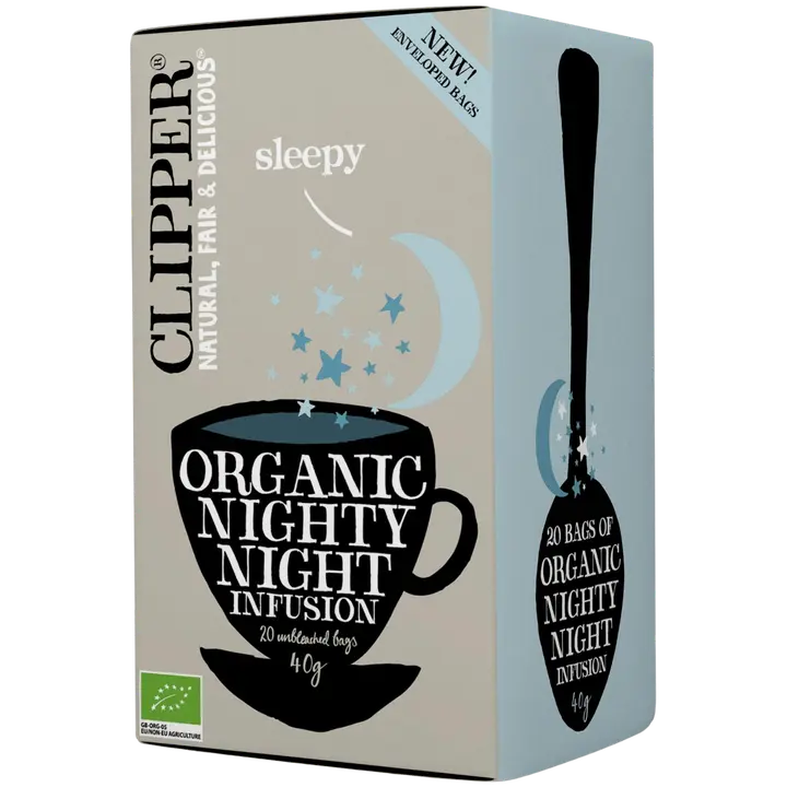 Clipper Nighty Night. Appelsiininmakuinen luomu yrttihauduke, sisältää kamomillaa ja sitruunamelissaa 40g / 20 pussia.