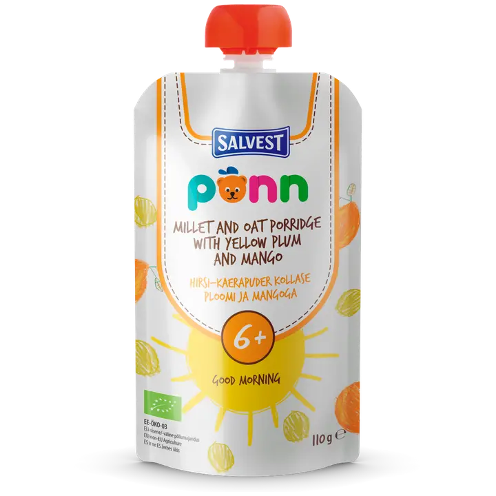 PÕNN Ökoloogiline Hirsi-kaerapuder kollase ploomi ja mangoga TERE HOMMIKUST 110 g 6+ 110g