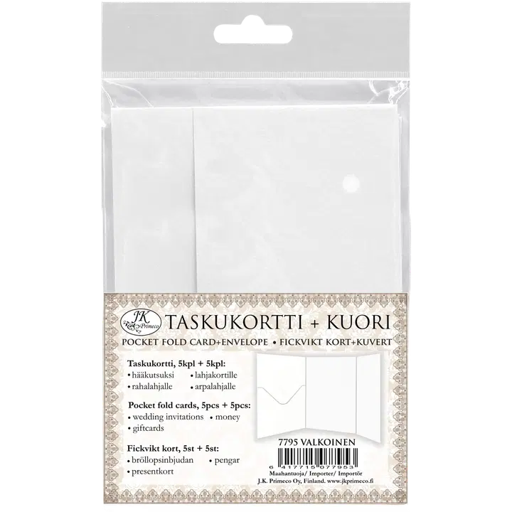 J.K. Primeco taskukortti+kuori valkoinen 5kpl+5kpl