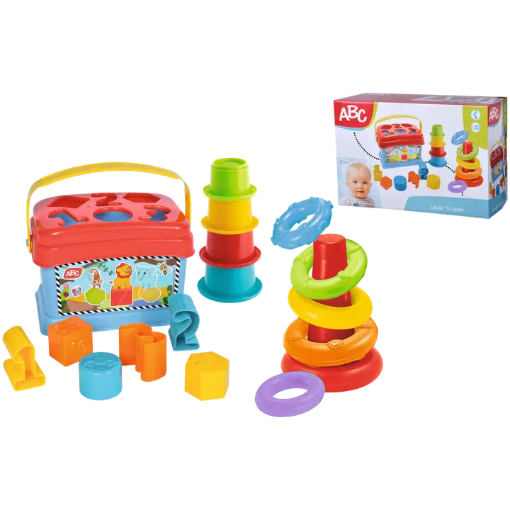 ABC kolmen vauvalelun setti: muodontunnistuslaatikko, pinottava rengastorni ja kuppitorni