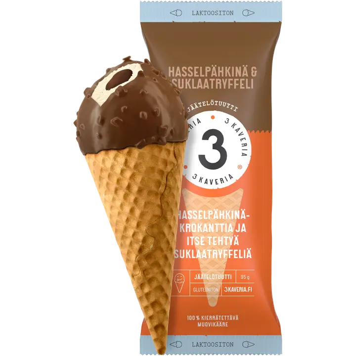 Kolmen Kaverin Jäätelö Laktoositon Hasselpähkinä & Suklaatryffeli jäätelötuutti 150ml/95g