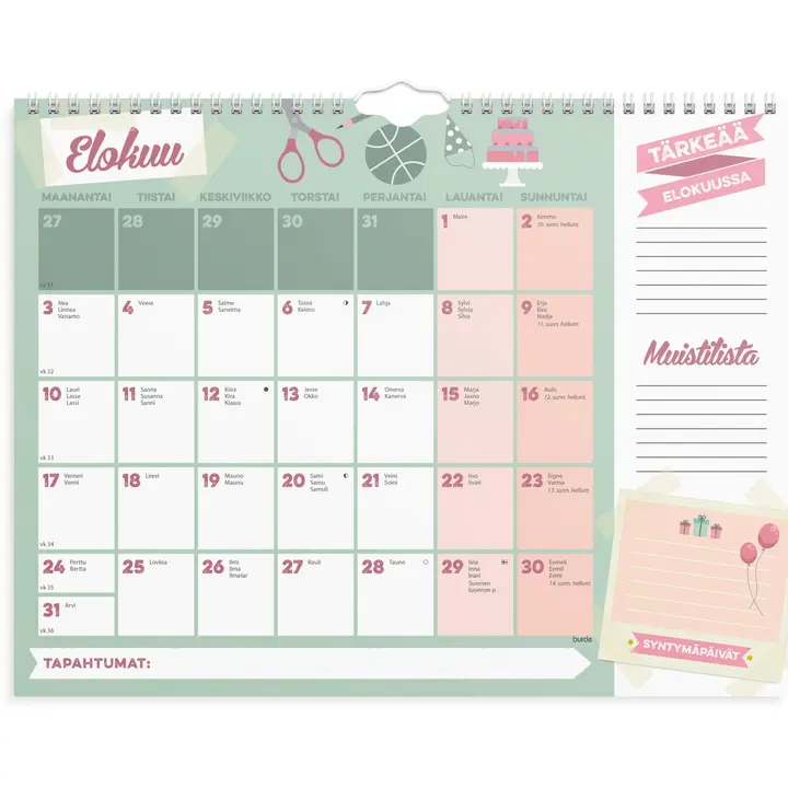 Burde Perhekalenteri 2026 Perheen kuukausikalenteri