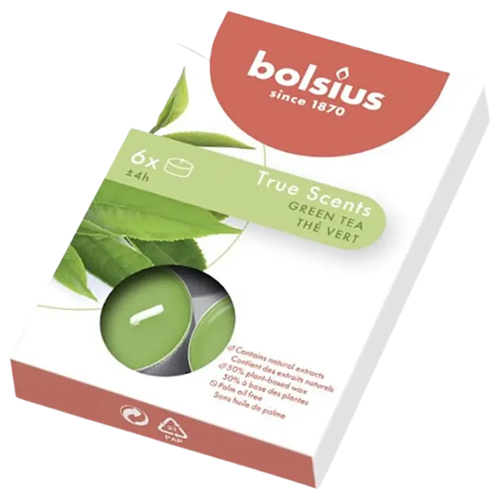 Bolsius 6 lõhna-teeküünalt karbis 4h, roheline tee true