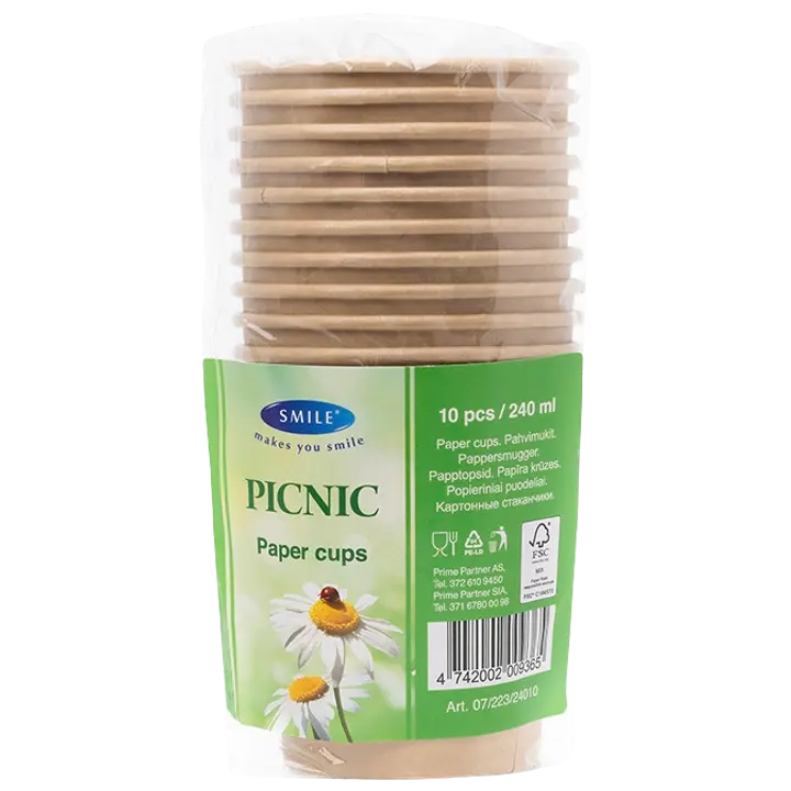 Smile kartonkimukit 240ml, jotka on valmistettu FSC-pahvista, sopii kuumille ja kylmille juomille, PE-pinnoitettu. Kraft.