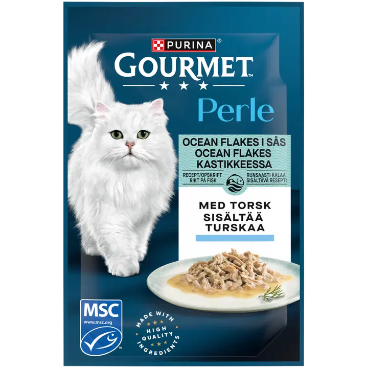 Gourmet Perle Ocean Flakes Kastikkeessa, aikuisen kissan märkäruoka Turskaa 85 g pussi