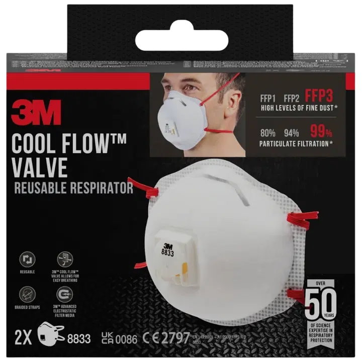 3M™ Cool Flow™ hiukkassuojain 8833, FFP3, venttiili, 2 kpl/pakkaus