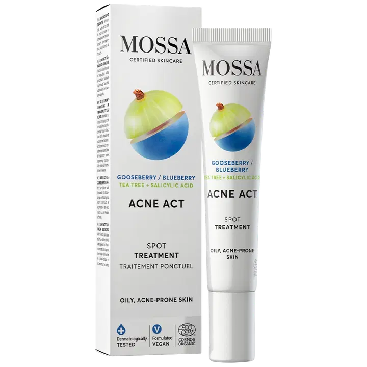 Mossa Acne Act Spot Treatment täsmähoito finneihin ja epäpuhtauksiin COSMOS ORGANIC 15 ml