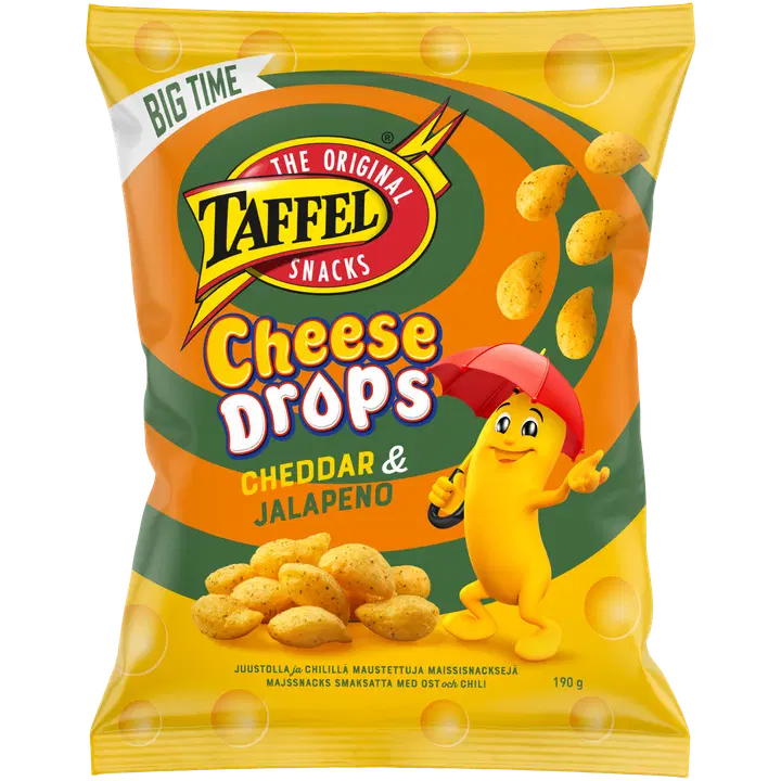 Taffel Cheese Drops cheddar & jalapeno kryddade ostsnacks 190g