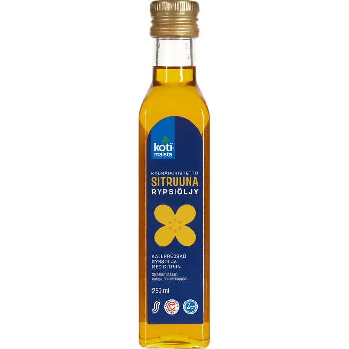 Kotimaista 250ml sitruunalla maustettu kylmäpuristettu rypsiöljy