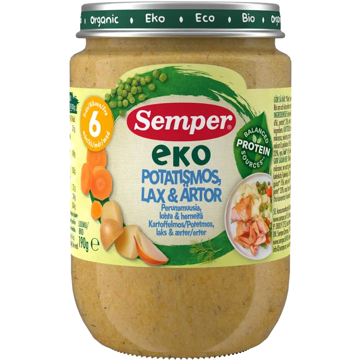 Semper EKO Perunamuusia, lohta & herneitä 6kk luomu lastenateria 190g