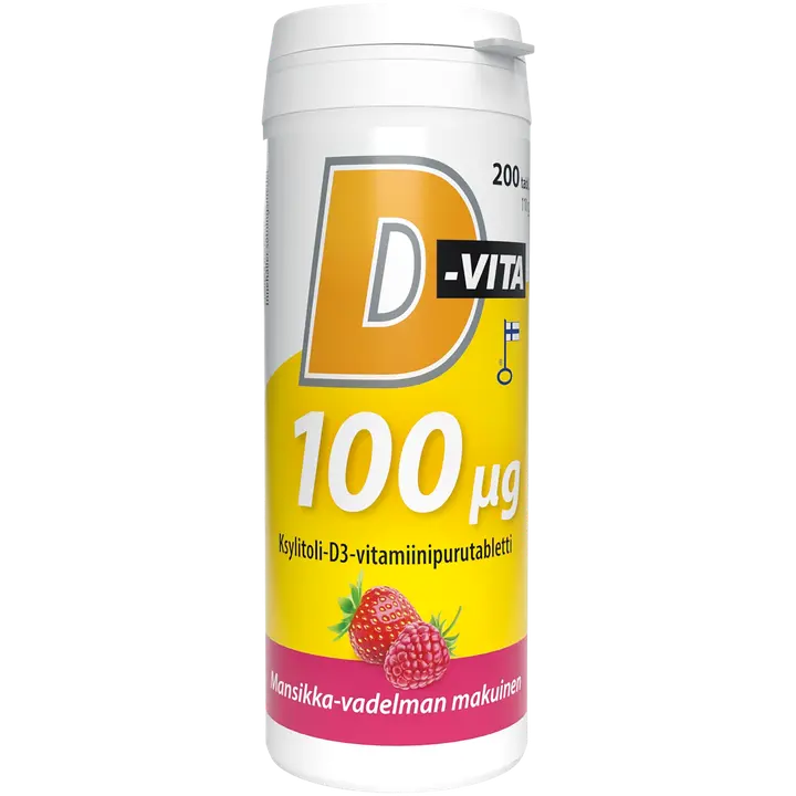 D-Vita 100 ug mansikka-vadelmanmakuinen 200 tabl ksylitoli-D3-vitamiini purutabletti, Vitabalans