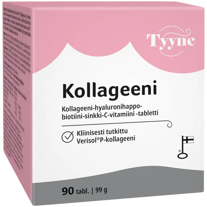 Tyyne Kollageeni 90 tabl., kotimainen kollageeni-hyaluronihappo-biotiini-sinkki-C-vitamiini tabletti, Vitabalans
