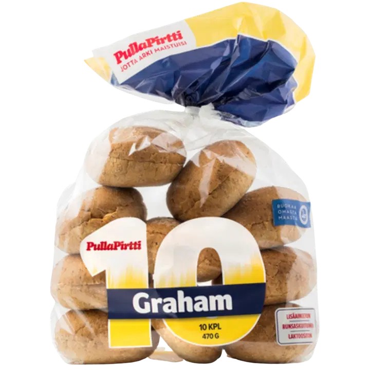 Pulla-Pirtti 10 Graham sämpylä 10/470g halkaistu laktoositon runsaskuituinen lisäaineeton moniviljasämpylä