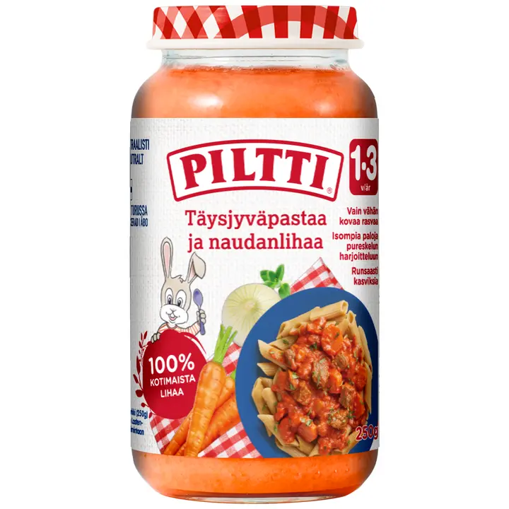Piltti 250g Täysjyväpastaa ja naudanlihaa lastenateria 1-3v