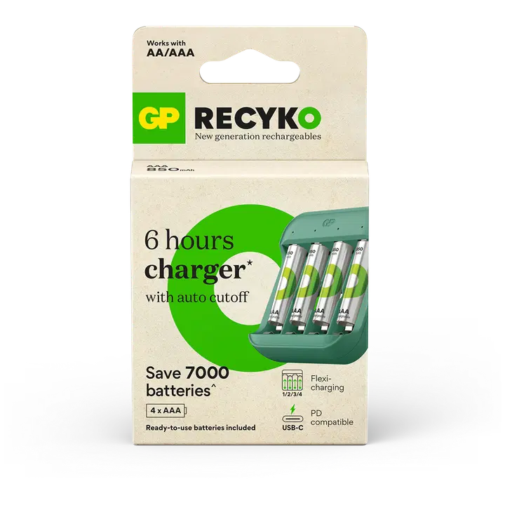 GP Recyko akkulaturi B423 sis. 4kpl AAA 850mAh NiMH akut