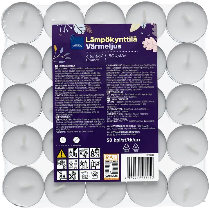Rainbow lämpökynttilä 50kpl