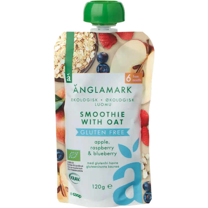 Änglamark kaurainen smoothie omena, vadelma & mustikka luomu gluteeniton 120 g 6 kk