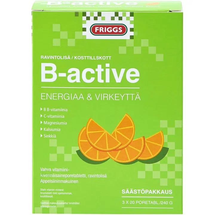 Friggs B-Active vahva B-vitamiini poretabletti, 8 eri vitamiinia, säästöpakkaus 3x20kpl