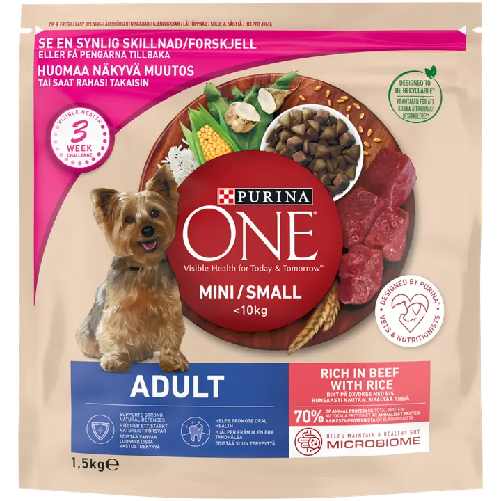 Purina ONE 1,5kg Small Dog <10kg Adult Runsaasti Nautaa, sisältää Riisiä koiranruoka