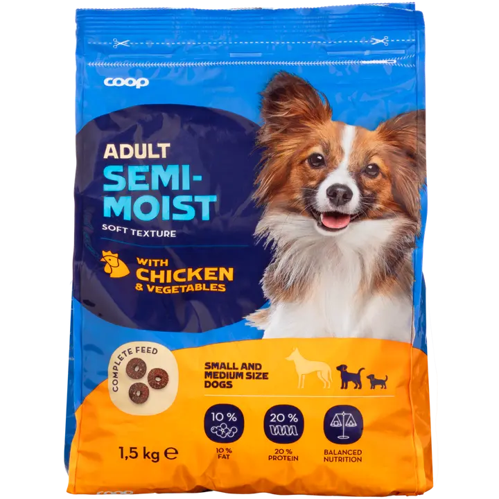 Coop puolikostea ruoka sis. kanaa ja kasviksia täysikasvuisille koirille täysrehu 1,5 kg