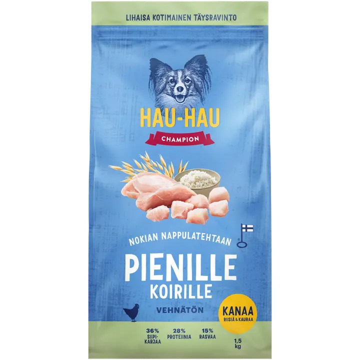Hau-Hau Champion Nokian Nappulatehtaan Kanaa, riisiä & kauraa täysravinto pienille aikuisille koirille 1,5 kg