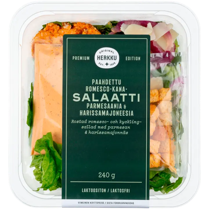 Herkku Paahdettu romesco-kanasalaatti, parmesaania & harissamajoneesia 240g