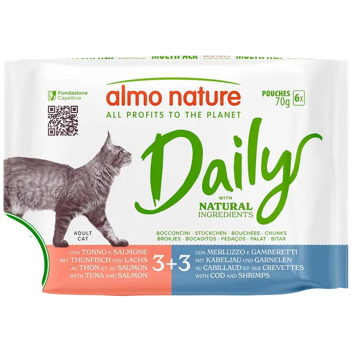 Almo Nature Daily monipakkaus tonnikala-lohi & turska-katkarapu 6 x 70 g