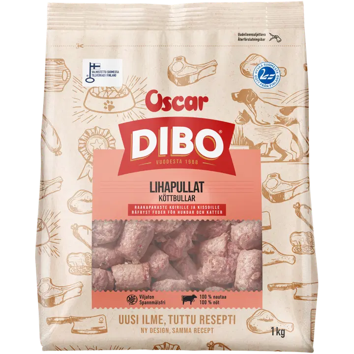 DIBO Lihapullat raakapakastettu täydennysravinto koirille ja kissoille 1kg