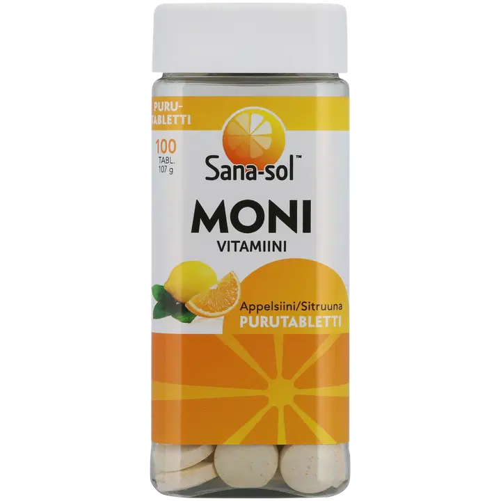 Sana-sol Monivitamiini-kivennäisaine Appelsiini/Sitruuna purutabletti ravintolisä 100tabl/107g