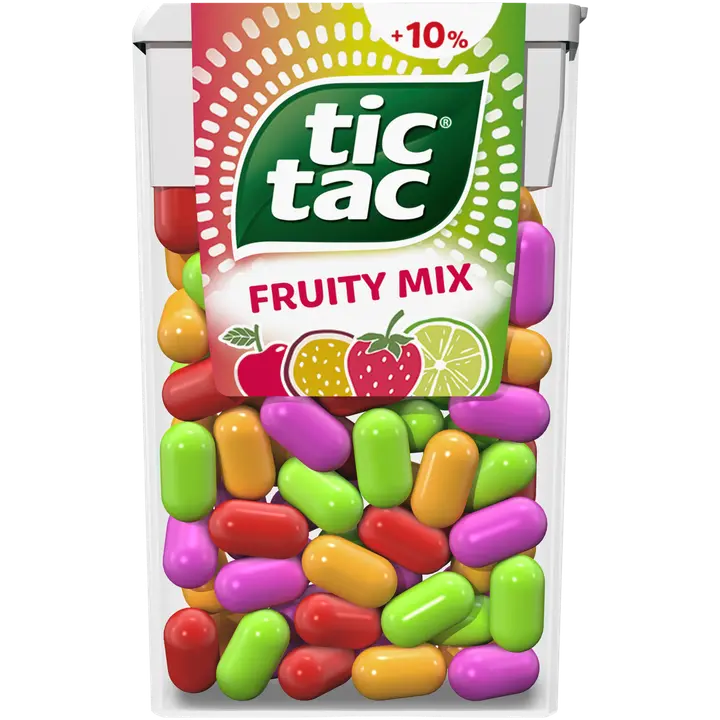 Tic Tac 54g hedelmänmakuisia pastilleja makuina kirsikka, passionhedelmä, sitruuna-lime, mansikka-minttu.