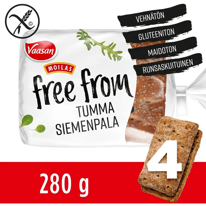 Vaasan Moilas Free From gluteeniton Tumma siemenpala 280 g 4 kpl sekaleipä siemenillä