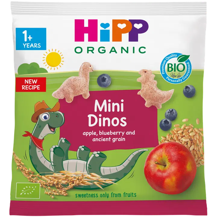 HiPP Luomu Mini Dinos Rapeita dinokuvioita viljasta ja hedelmästä 30g 1+ v