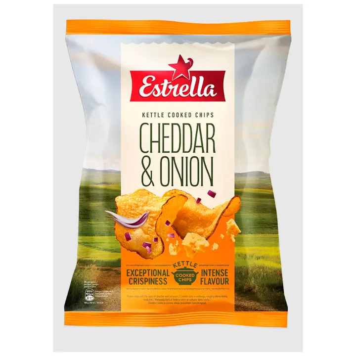 Estrella Kettle Cooked Cheddari ja punase sibula maitselised kartulikrõpsud 120g