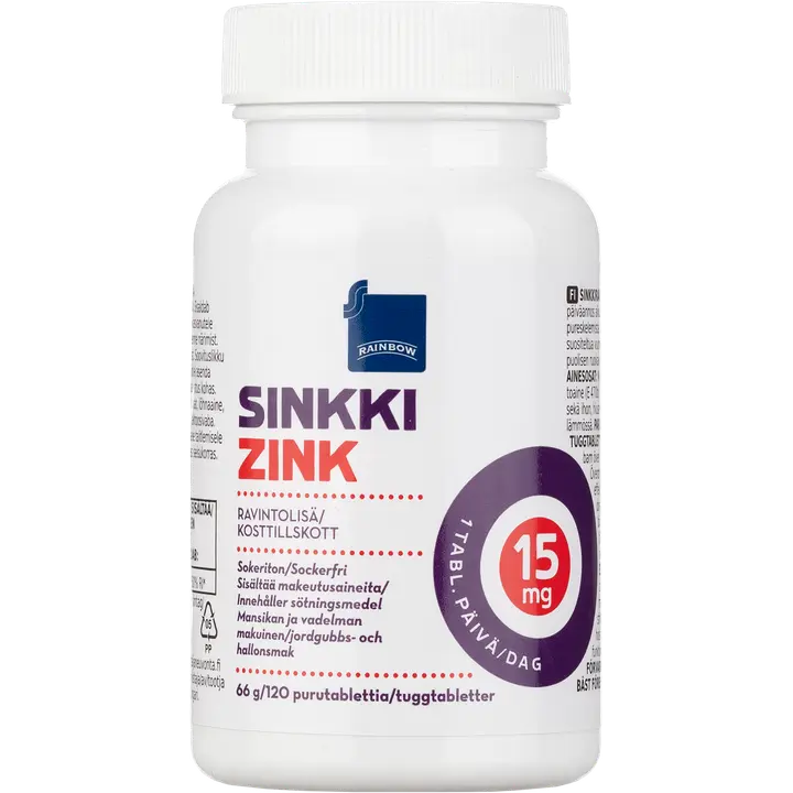 Rainbow sinkki 15mg ravintolisä 66 g/120 purutablettia mansikan ja vadelman makuinen