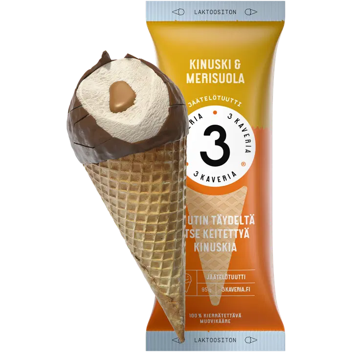 3 Kaveria Laktoositon Kinuski & Merisuola jäätelötuutti 150ml/95g