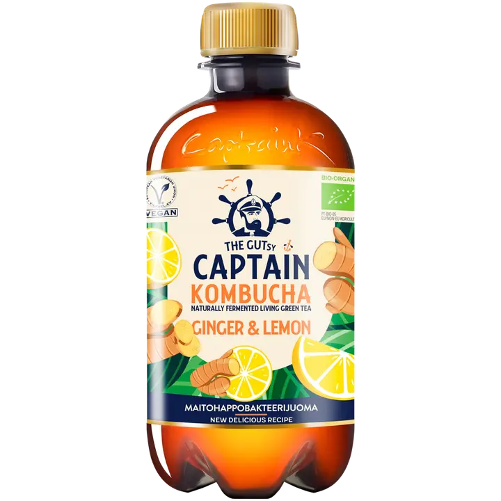 The Gutsy Captain Kombucha Ginger Lemon, Inkiväärin ja sitruunan makuinen kombucha-juoma LUOMU 400ml