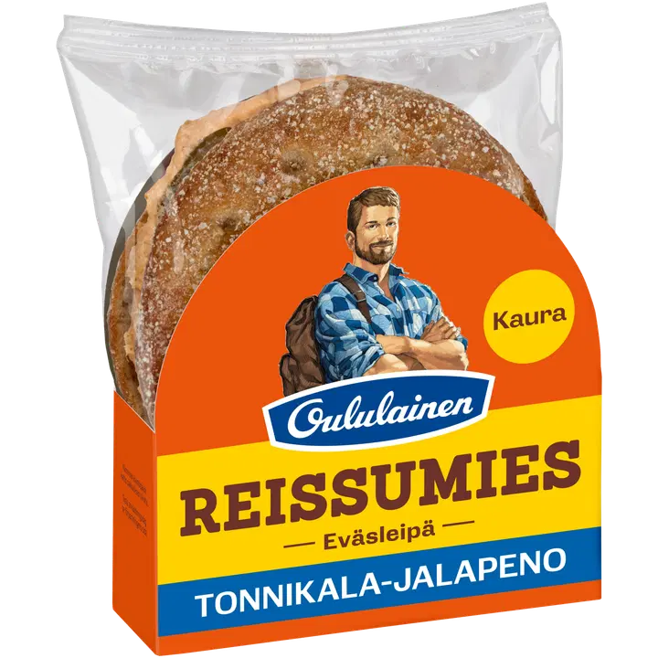 Oululainen Reissumies Eväsleipä Kaura Tonnikala-Jalapeno 145g, täytetty kauraleipä tonnikala-jalapeno-punasipuli