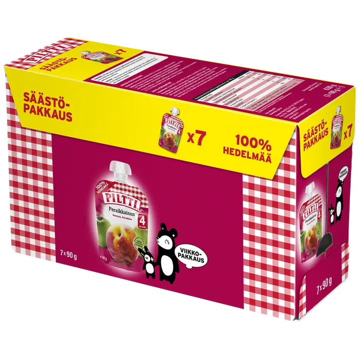 7x Piltti 90g Persikkainen Omena-persikkasose 4kk annospussi