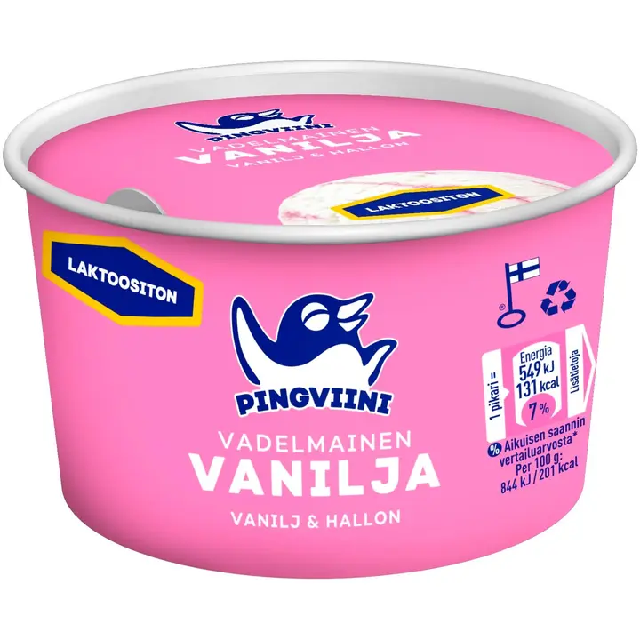 Pingviini Vadelmainen Vanilja Laktoositon jäätelöpikari  65g/120ml