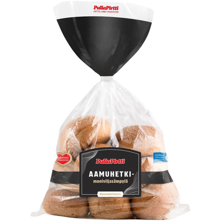 Pulla-Pirtti Aamuhetki-moniviljasämpylä 8/400g halkaistu laktoositon runsaskuituinen moniviljasämpylä