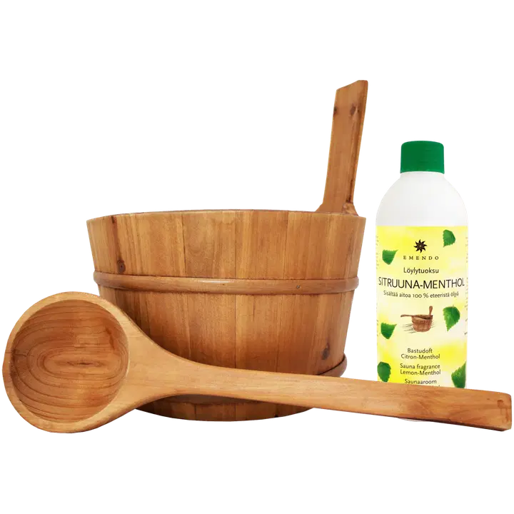 Emendo puinen kiulu ja kauha + löylytuoksu Sitruuna-Menthol 500 ml