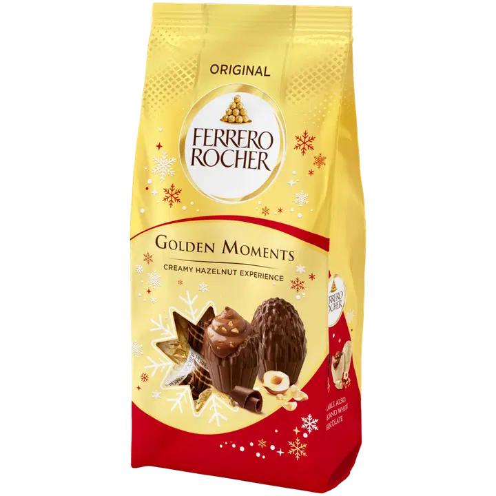 Ferrero Rocher Golden-suklaatäytemunia 90g. Maitosuklaata hasselpähkinä-kaakaotäytteellä (36,5 %), jossa hasselpähkinä- ja vehnärouhetta.