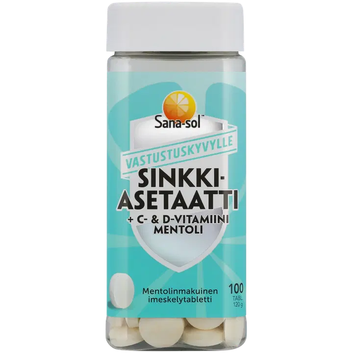 Sana-sol Sinkkiasetaatti + C- & D-vitamiini imeskelytabletti Mentoli 100tabl/120g
