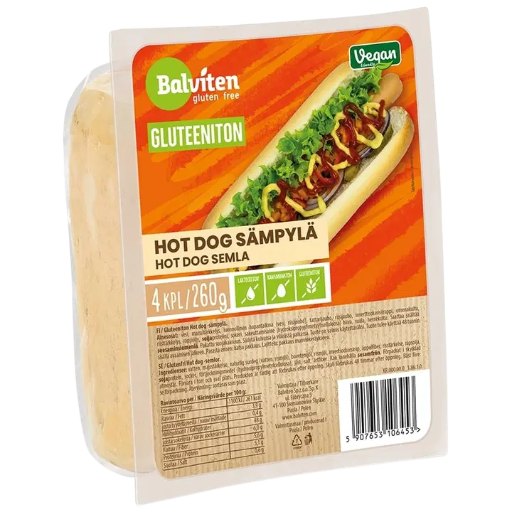 Balviten Gluteeniton hot dog -sämpylä 4 x 65g
