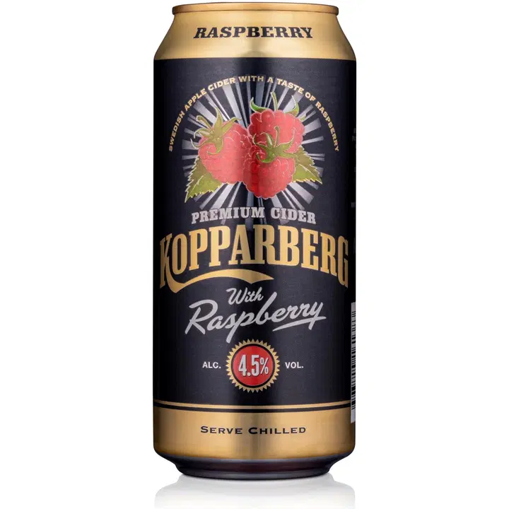 Premium Cider Kopparberg with Raspberry 4,5%, Vadelman makuinen omenasiideri tölkki 44cl